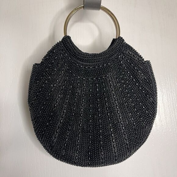 VTG Black Beaded Evening Purse Made In Hong Kong Metal Handles Internal Pocket - Picture 1 of 6